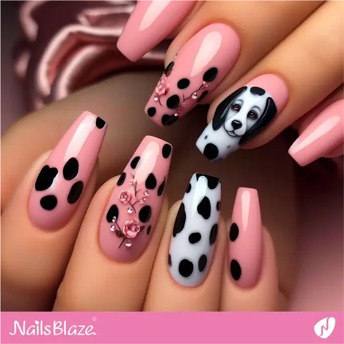 Dalmatian Dog and Print on Pink Nails | Animal Print Nails - NB1996